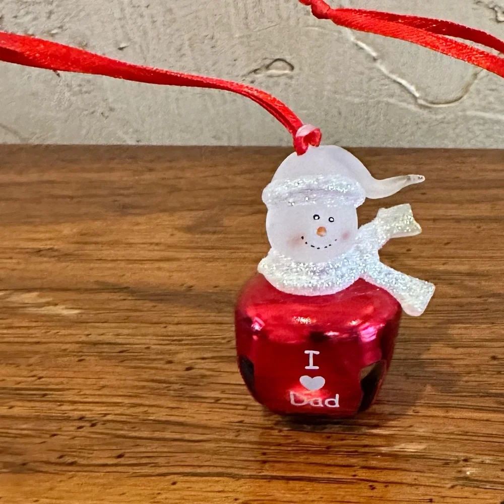 2 Snowman Jingle Bell Christmas Ornaments I Love My Dad & I Love My Mom